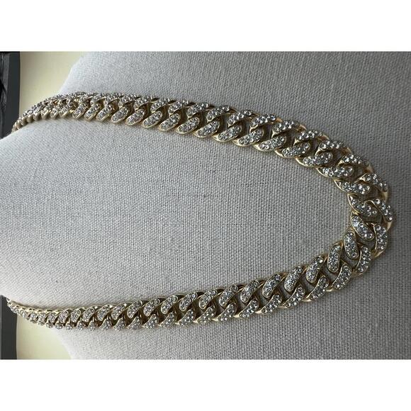 Heavy Gold Tone Cuban Link Chain Necklace with Rhinestones - Picture 3 of 10